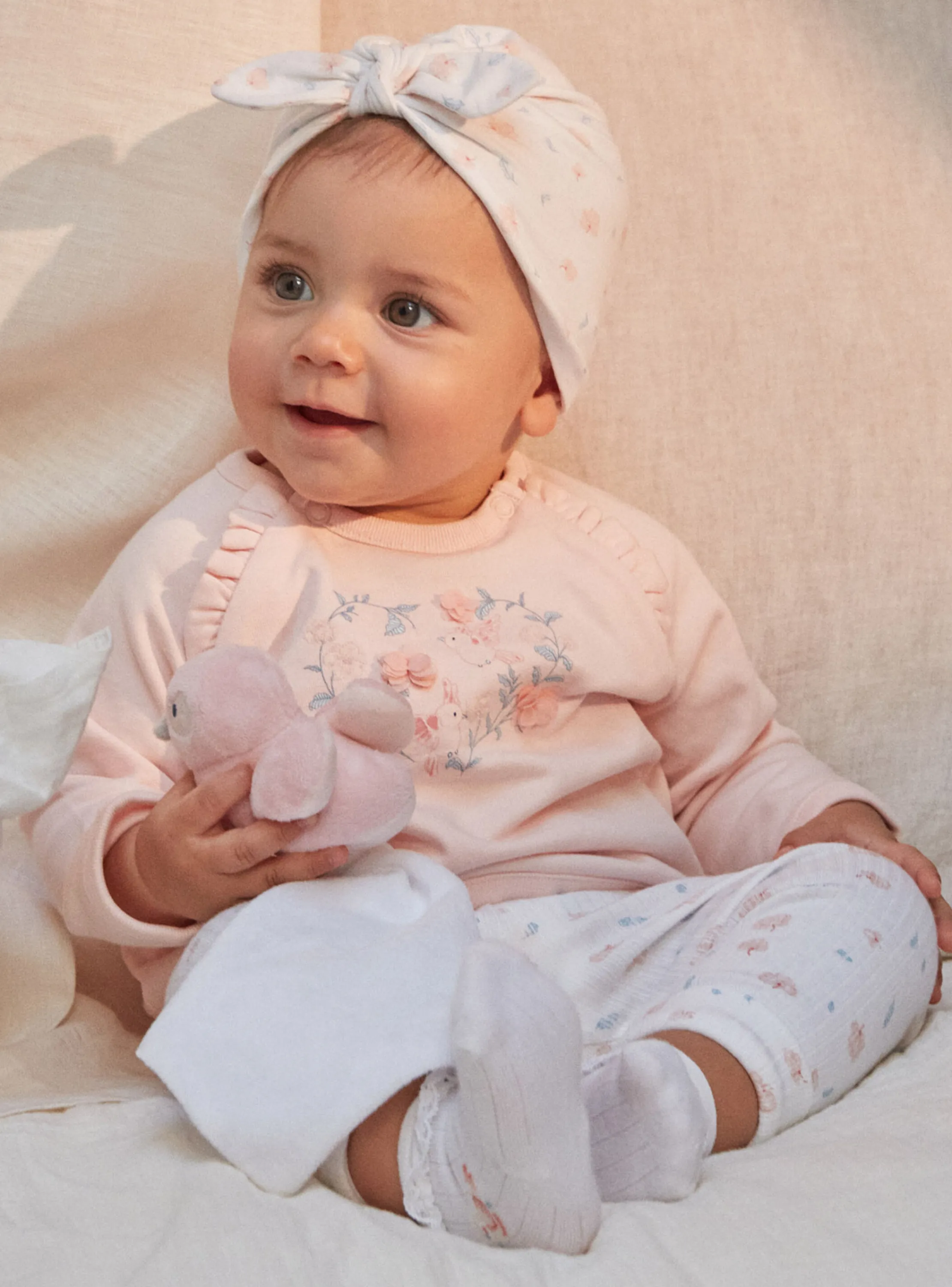 New Sergent Major Ecru and pink bird birth cuddly toy