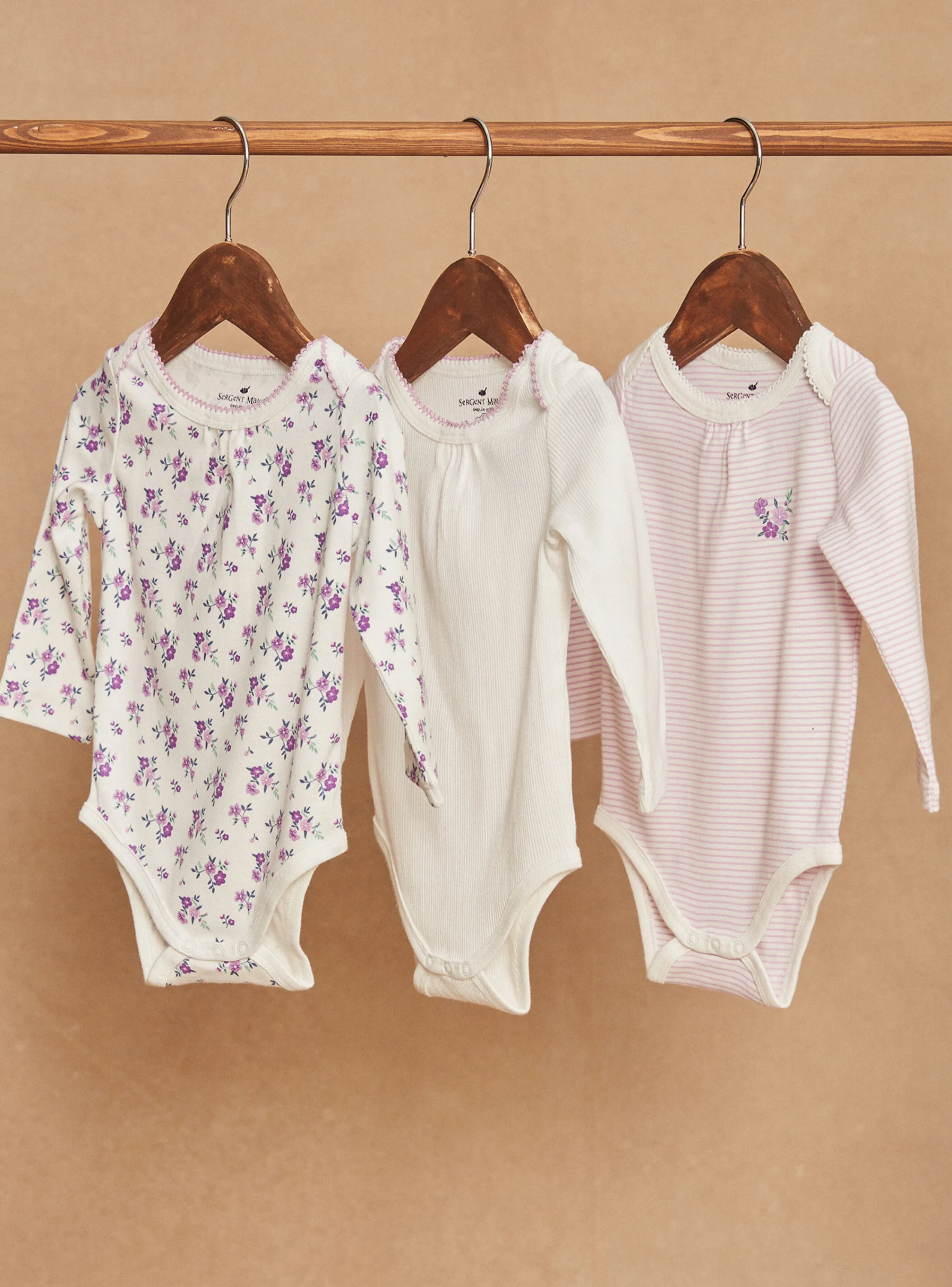Online Sergent Major 3 ecru long-sleeved bodysuits in organic cotton