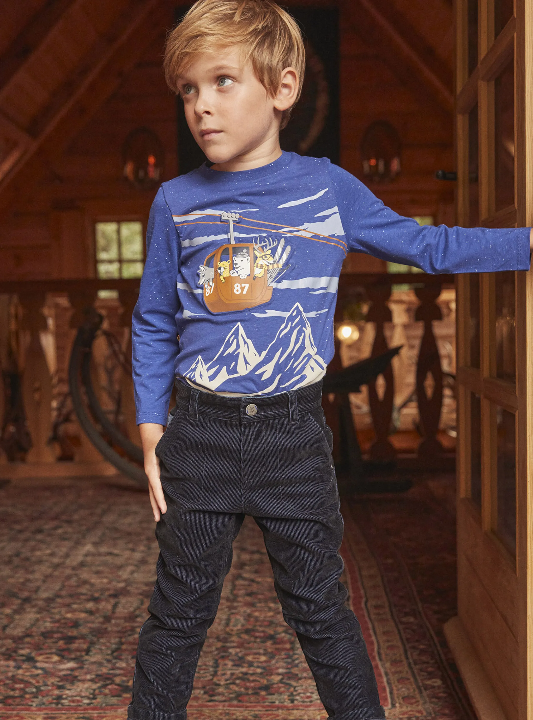 Hot Sergent Major Glacier blue T-shirt with mountain and gondola motifs