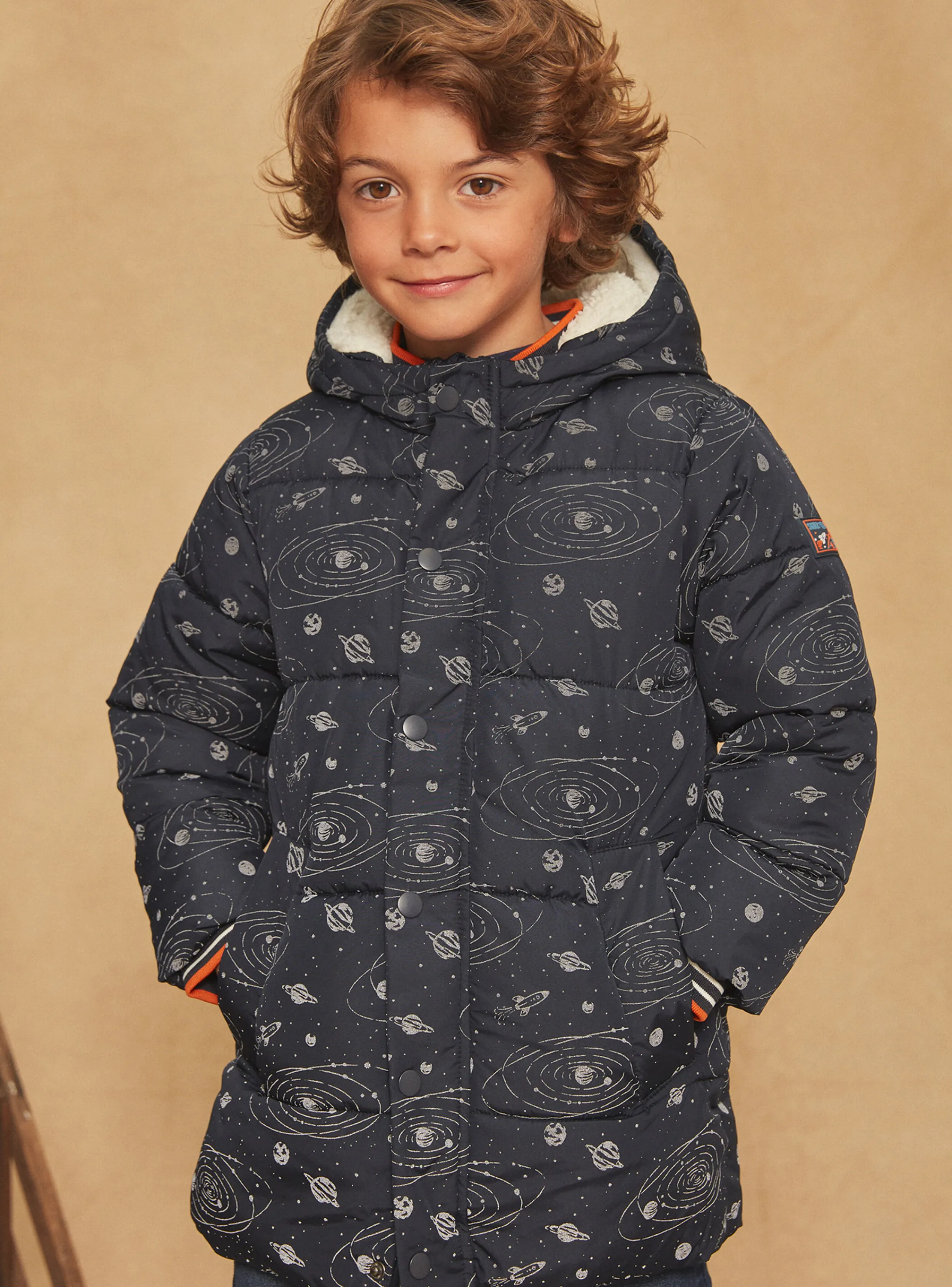 Best Sale Sergent Major Navy blue hooded down jacket with solar system print