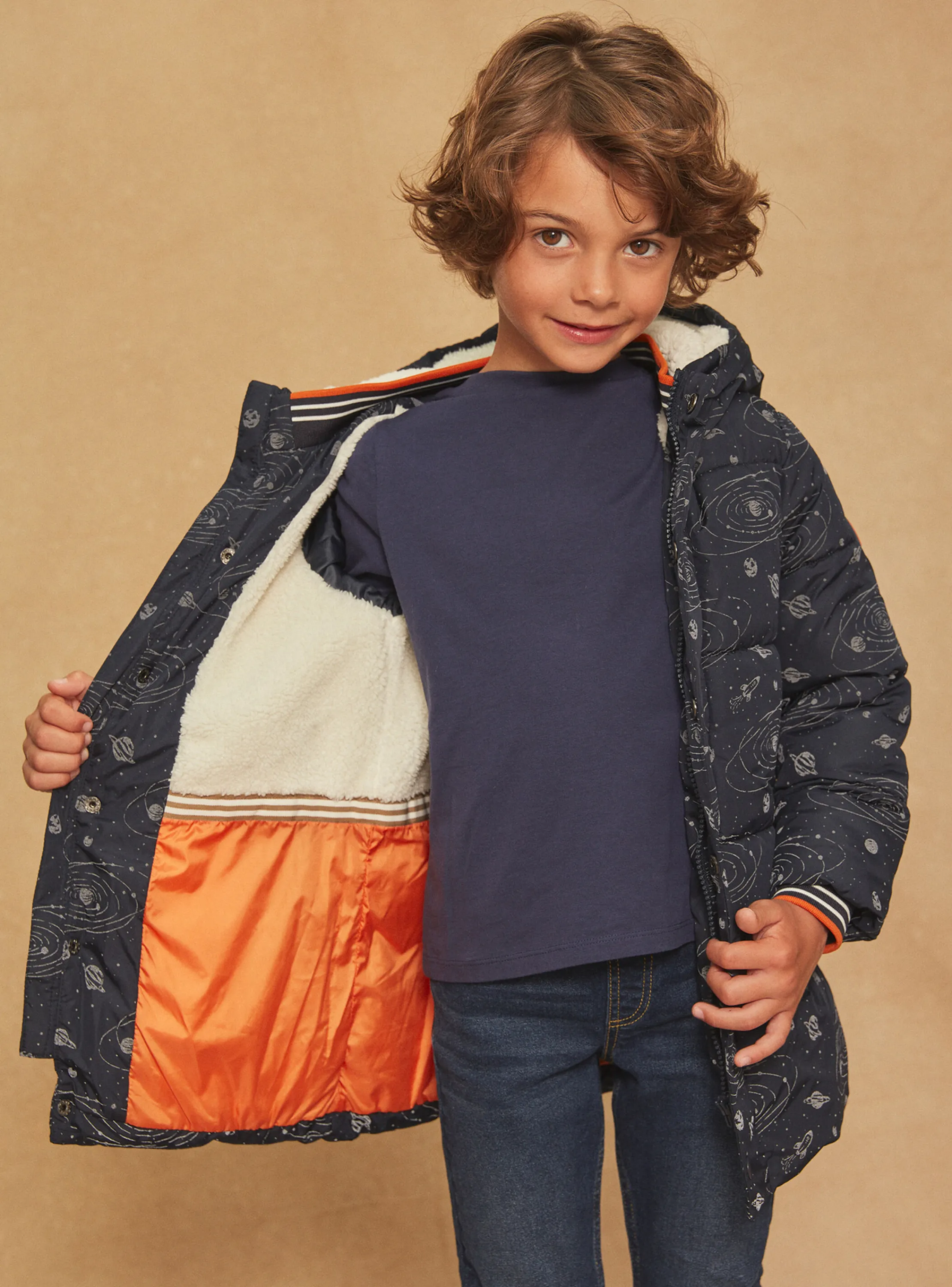 Best Sale Sergent Major Navy blue hooded down jacket with solar system print