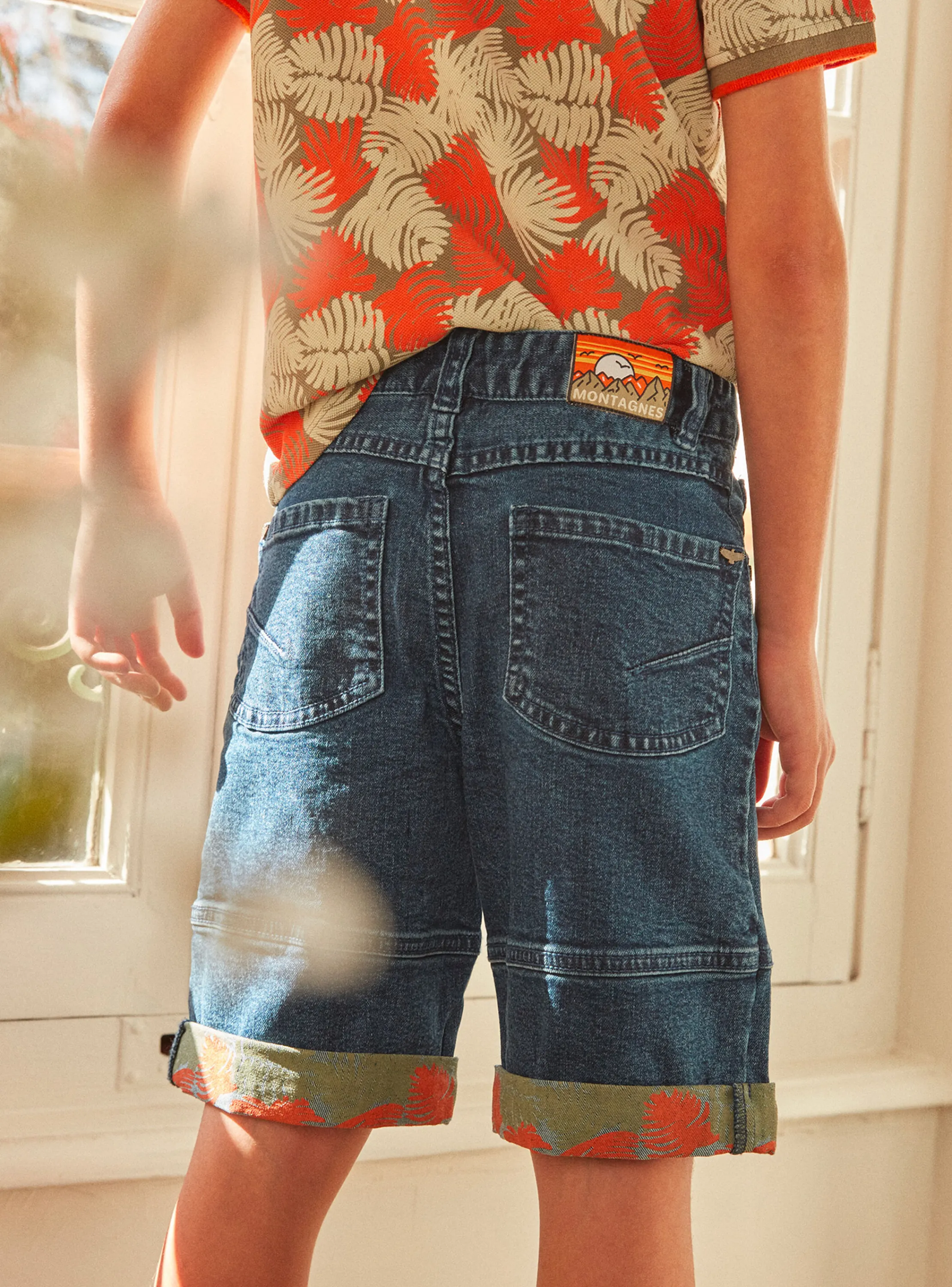 Online Sergent Major Palm leaf-patterned denim Bermuda shorts