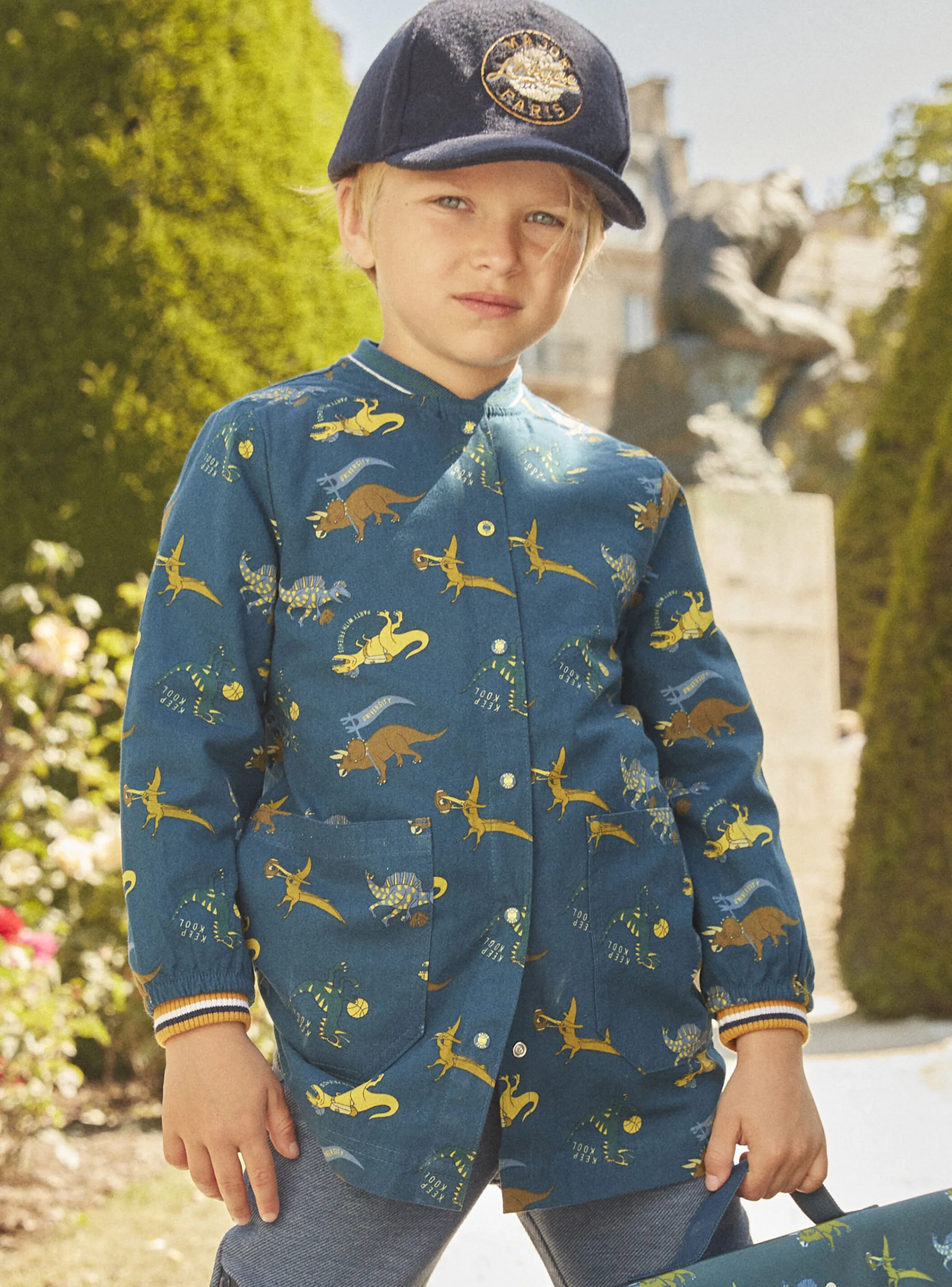 Fashion Sergent Major Petrol blue school blouse with dinosaur print
