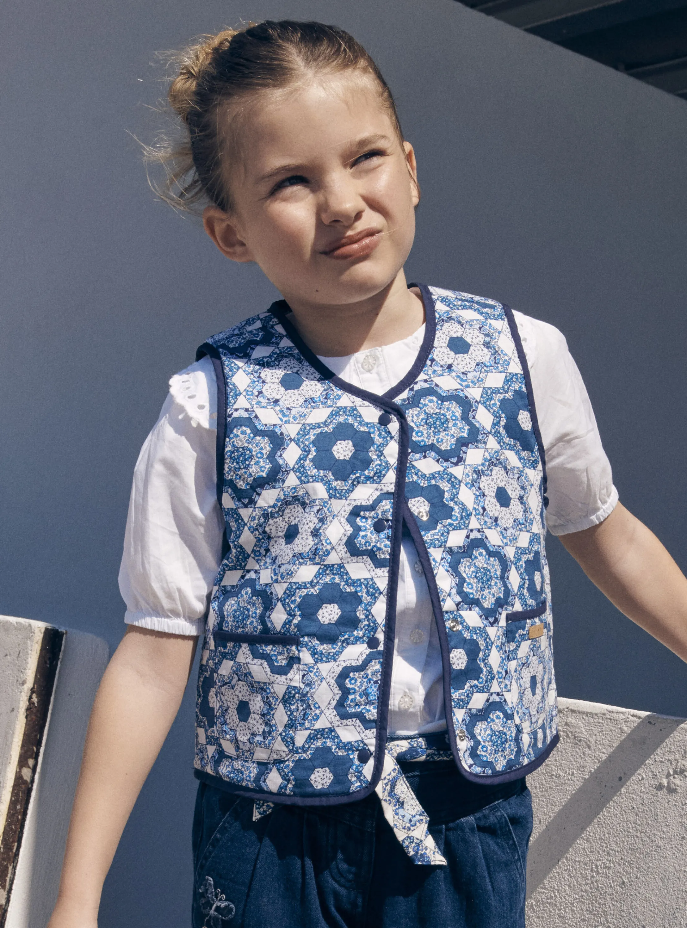 Best Sale Sergent Major Reversible, quilted blue and white sleeveless cardigan