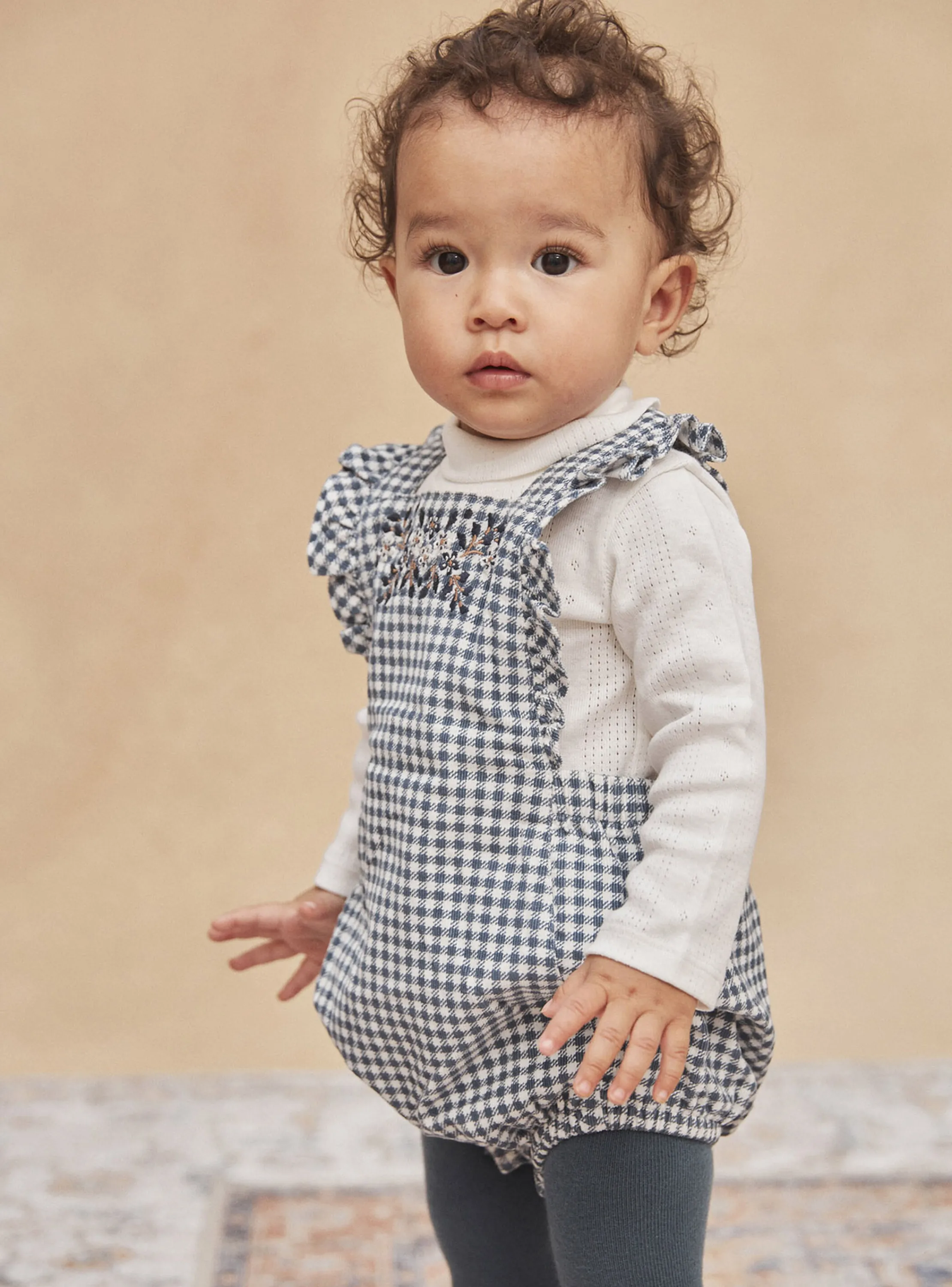 Clearance Sergent Major Short ecru and slate-blue dungarees with check print