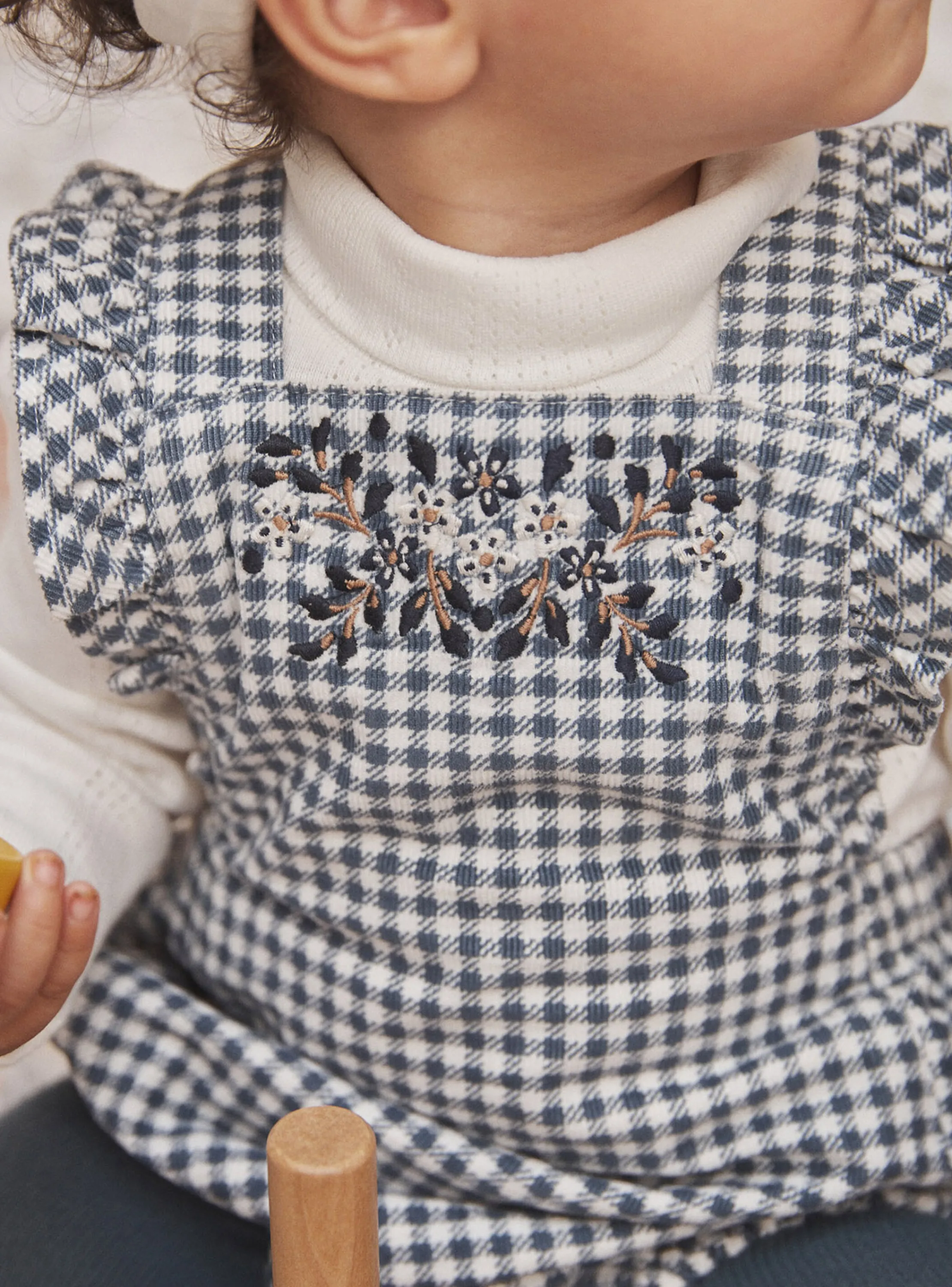Clearance Sergent Major Short ecru and slate-blue dungarees with check print