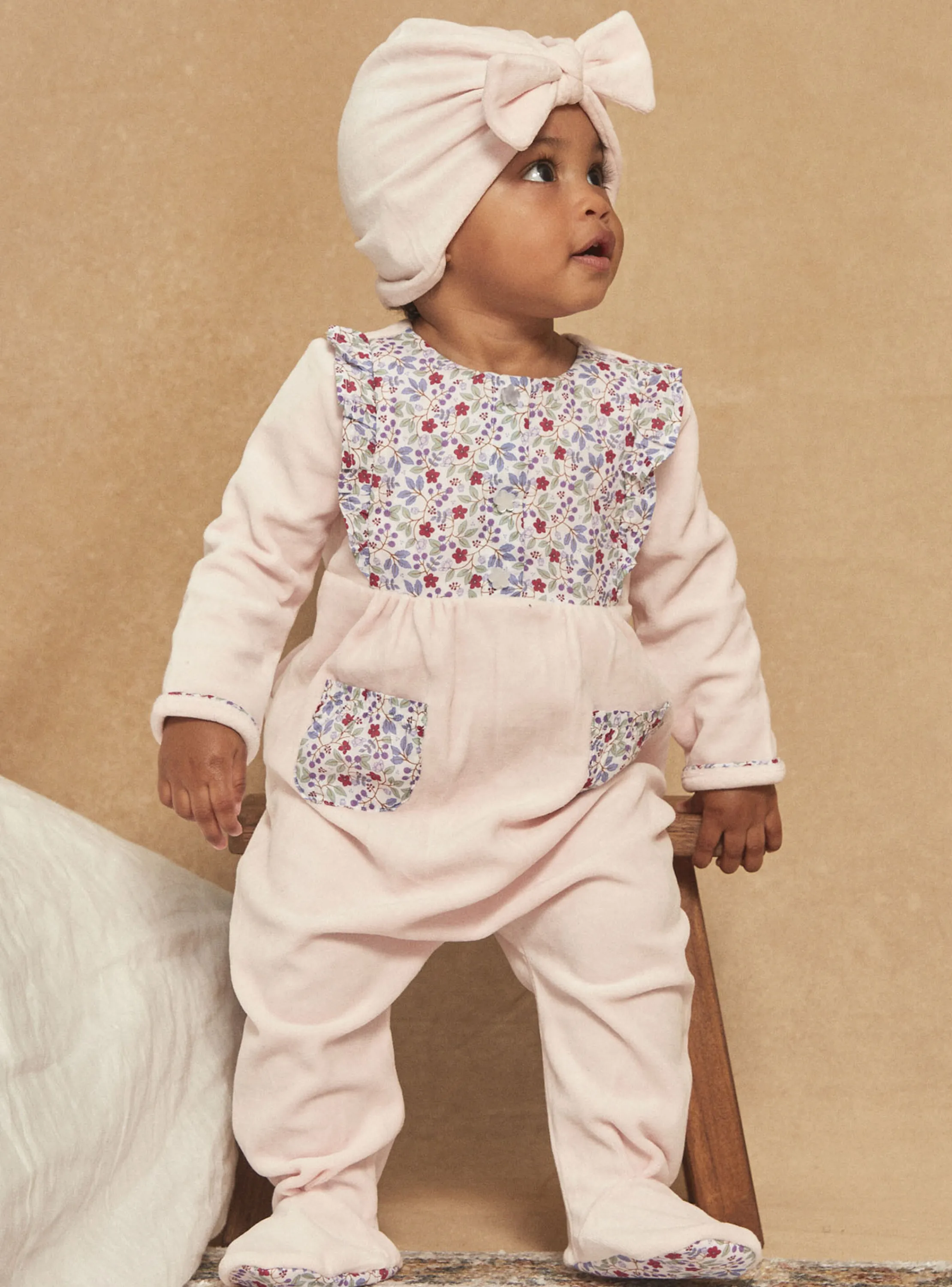 Fashion Sergent Major Velvet romper and pink bonnet
