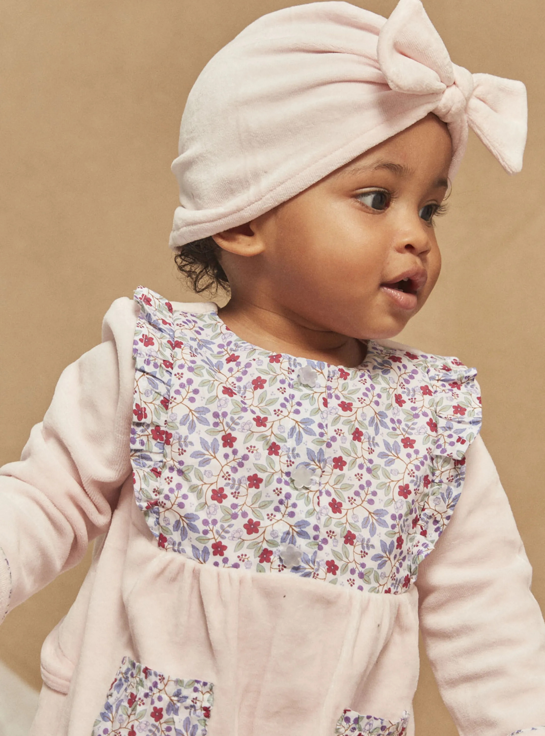 Fashion Sergent Major Velvet romper and pink bonnet